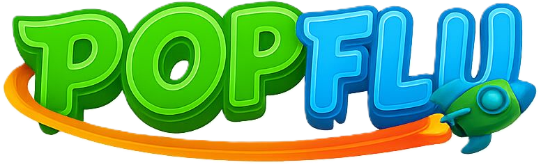 logo do site escrito pop em verde e flu em azul e com um foguete passando em baixo